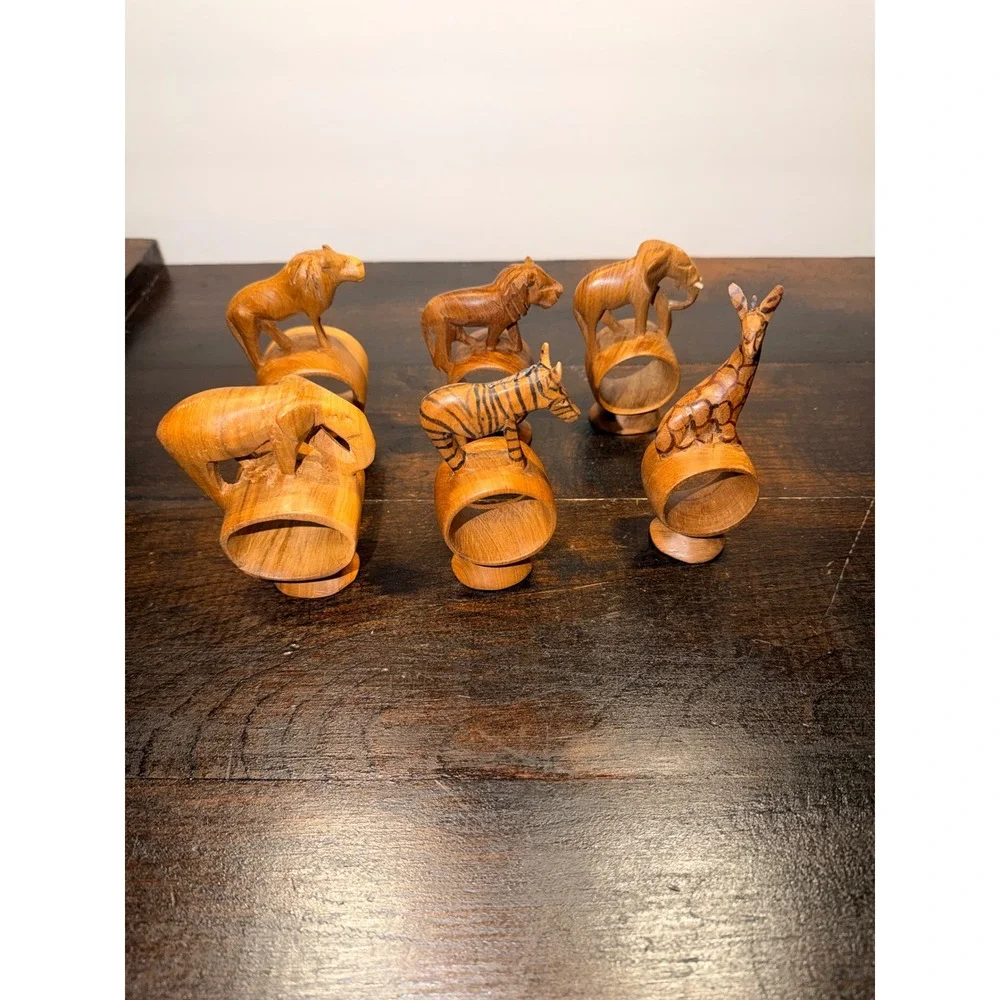 6 Hand Carved Wooden Africa Kenya Safari Animal Napkin‎ Rings
